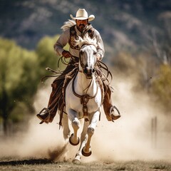 Cowboy on a white horse galloping in the desert