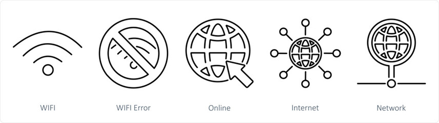 A set of 5 Internet Computer icons as wifi, wifi error, online