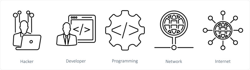 A set of 5 Internet Computer icons as hacker, developer, programming