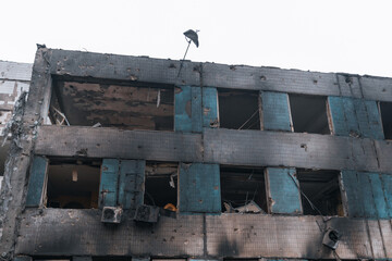 Destruction of a maternity hospital after being hit by a ballistic missile during the war in Ukraine and Russia. War. Medical institution. Direct hit to the building
