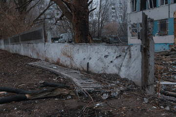 Destruction of a maternity hospital after being hit by a ballistic missile during the war in Ukraine and Russia. War. Medical institution. Direct hit to the building