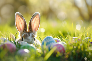 Osterhase mit Ostereiern in der Wiese