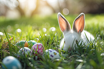 Osterhase mit Ostereiern in der Wiese