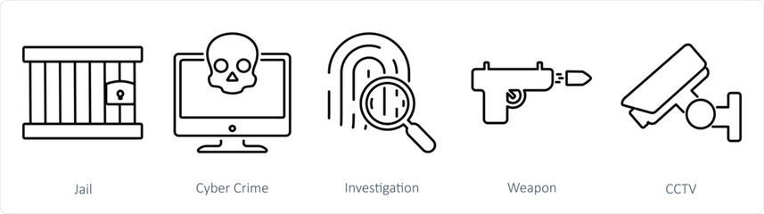 A set of 5 Justice icons as jail, cyber crime, investigation - obrazy, fototapety, plakaty
