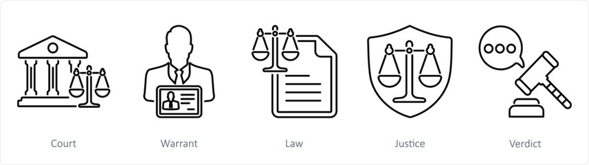 A set of 5 Justice icons as court, warrant, law - obrazy, fototapety, plakaty