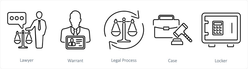 A set of 5 Justice icons as lawyer, warrant, legal process