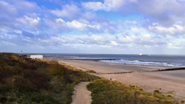 Drone view of coastline shore in the Netherlands at the seaside of the North Sea
