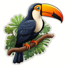 Fototapeta premium toucan, bird, animal, beak, tropical, brazil, nature, wild, exotic, wildlife, black, tucan, hornbill, jungle, rainforest, yellow, colorful, zoo, toco, orange, feather, isolated, bill, white, branch