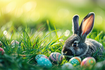 Osterhase mit Ostereiern in der Wiese