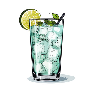 cocktail, drink, glass, mojito, ice, cold, mint, lime, green, lemon, alcohol, water, isolated, beverage, white, refreshment, fruit, juice, cool, fresh, freshness, leaf, soda, lemonade, bar