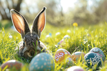 Osterhase mit Ostereiern in der Wiese