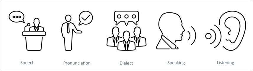A set of 5 Language icons as speech, pronounciation, dialect