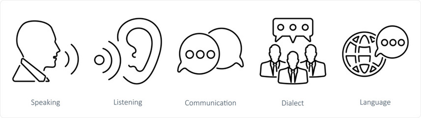 A set of 5 Language icons as speaking, listening, communication