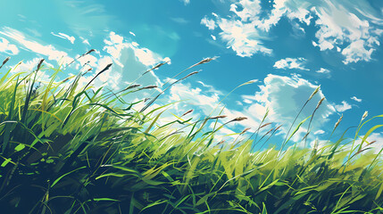 Fototapeta na wymiar Digital Illustration of Vibrant Grass Field and Blue Sky