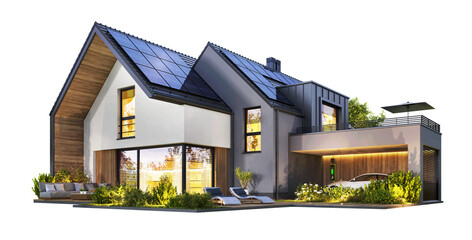 Modern house with solar panels on a transparent background - 703241884