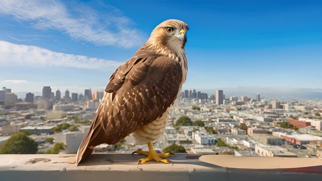 A detailed of a redtailed hawk perched on a skyser, highlighting their adaptation to urban environments and their role as top predators in city ecosystems.