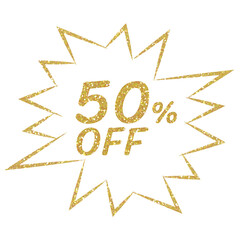 Gold glitter 50% off on a Comics style bang. 50 percent. Sales concept. Design for decorating, background, wallpaper, illustration.