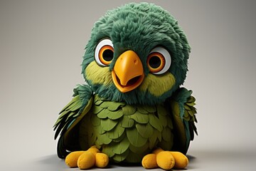 Cute green parrot toy on grey background isolated.