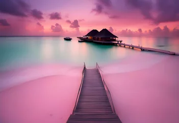 Fototapeten Beautiful Maldives travel destination, soft dreamy hues, national geographic, Illustrations, sunset on beach nature photography. © Mithun