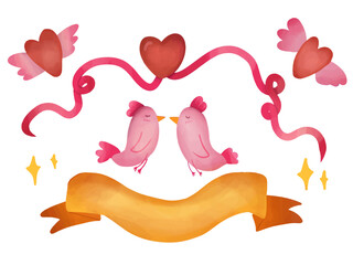 Vector hand drawn watercolorstyle illustration set of heart with wings, ribbon, and love birds clipart, valentines day vector art
