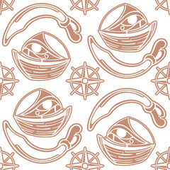 Boat and  sword - vector pattern in pastel color, seamless with compass and ship. Perfect for kids fabric, textile, wallpaper.