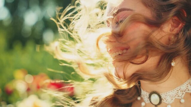 art portrait happy fantasy girl teenager enjoying nature breath of wind, beauty smiling face, long hair flying waving. joy cheerful young woman princess vintage old style. magic divine sun light flare
