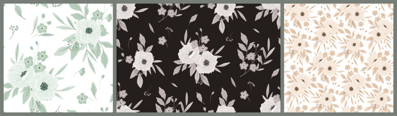 Seamless floral pattern, vintage botanical print in a classic monochrome motif. Elegant flower design: hand drawn large flowers, leaves, bouquets, light and dark background. Vector pattern collection. © Yulya i Kot