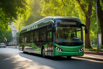 Fototapeta premium Bus powered by bio gas on a city street. Carbon neutral transportation concept