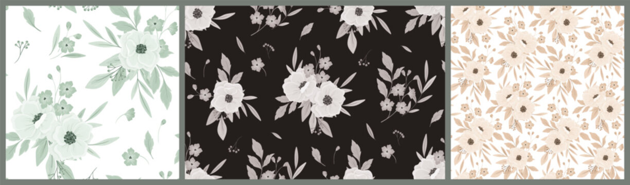 Seamless floral pattern, vintage botanical print in a classic monochrome motif. Elegant flower design: hand drawn large flowers, leaves, bouquets, light and dark background. Vector pattern collection.