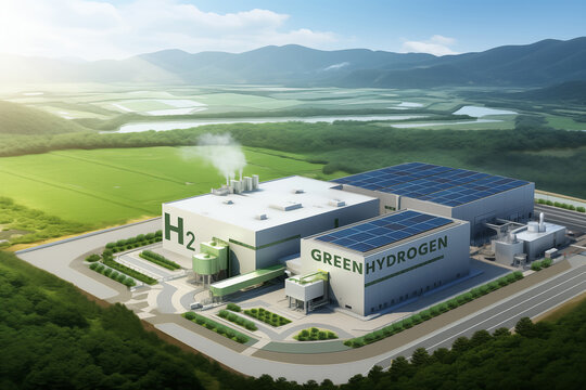 Modern hydrogen plant, rooftop solar panels merge green power, symbolizing sustainable innovation