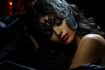 Allure captivating, a beautiful woman in mask mystery. Elegance meets seduction, lingerie enigmatic charm, spellbinding fusion of sensuality and concealed allure in intimate and stylish composition.