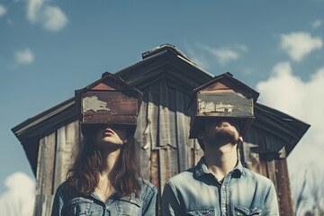 Zukunft im Blick Junges Paar mit Dach &uuml;ber dem Kopf als Symbol f&uuml;r Hausbau