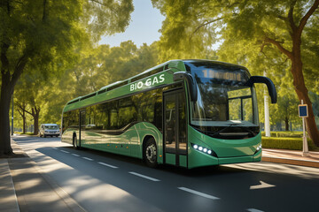 Bus powered by bio gas on a city street. Carbon neutral transportation concept