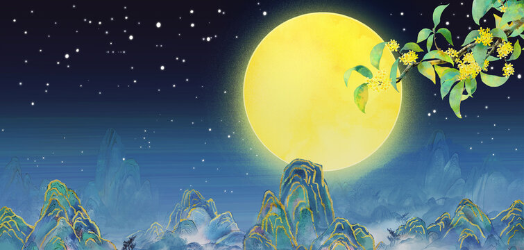 Landscape illustration with China-Chic style background on Mid-Autumn Festival