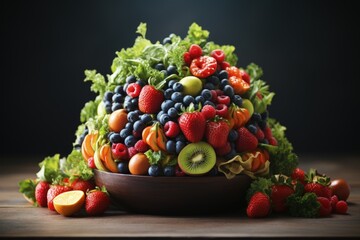 A pile of different fruits in a bowl on a wooden surface isolated on dark background