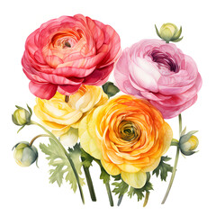 Watercolor ranunculus on white background