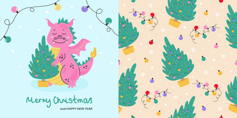 Merry Christmas cute dragon with christmas tree