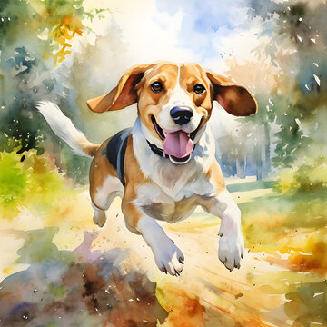 Watercolor painting little beagle running in a park.