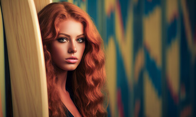 Fototapeta premium Auburn-haired beauty with a captivating gaze, partially concealed by a vibrant surfboard, evoking a sense of mystery and adventure