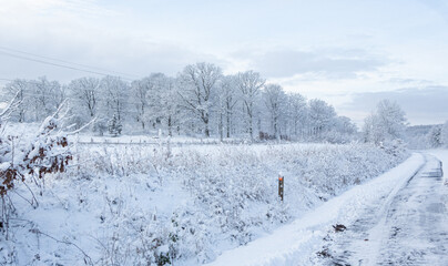 Train track in winter landscape in Hassleholm, Sweden