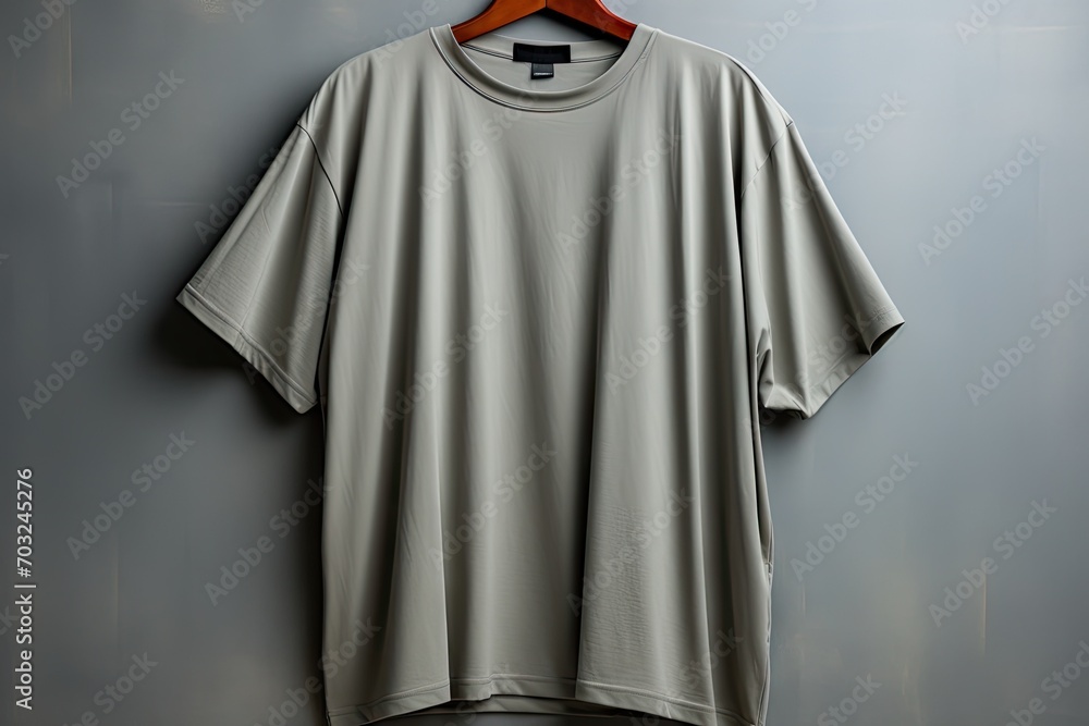 Wall mural Grey t-shirt on wooden hanger, t-shirt mockup