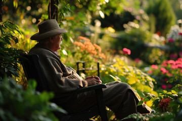 Entspannung im Garten Alter Mann genießt die Ruhe - obrazy, fototapety, plakaty