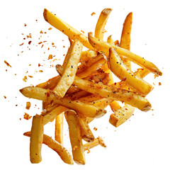 Food photo of French fries falling flying in the air isolated on white transparent background, ultra realistic, PNG