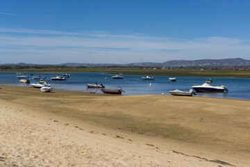 Fishing and recreational boats moored at Cabanas de Tavira, Portugal

