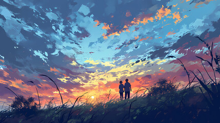 Silhouetted Couple Enjoying a Sunset in a Field