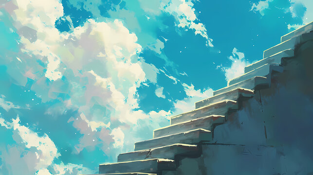 Stylized digital art of cloudy skies over abstract stairs