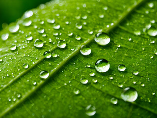 Water drops on green leaf macro close up. Natural background with copy space.
