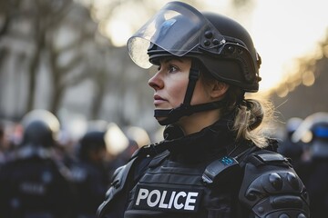 An empowered female officer, donned in full riot gear, navigating a crowded city street as part of her commitment to public safety - obrazy, fototapety, plakaty