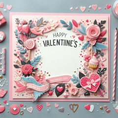 Valentine's Day card lying on table surrounded by hearts and decorations