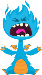 Obraz premium Cartoon angry monster with scary face expression screaming. Vector illustration isolated on white. Great for Halloween party or package design
